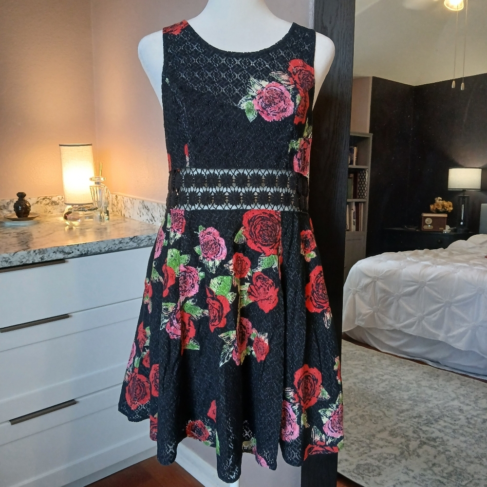 Free People Mini Dress Black With Roses Size 8 Floral